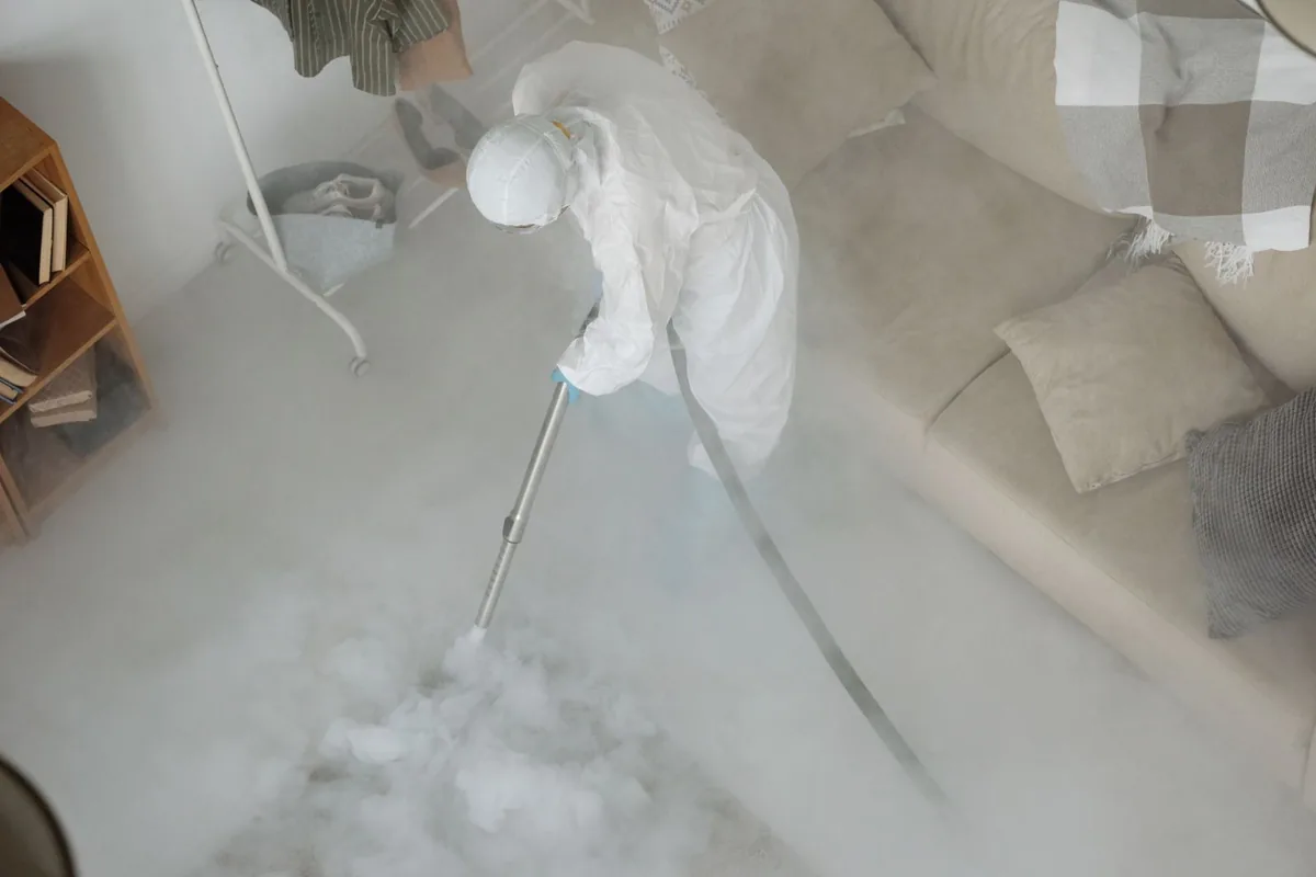 Biohazard cleanup technician in protective equipment, Agoura Hills, CA